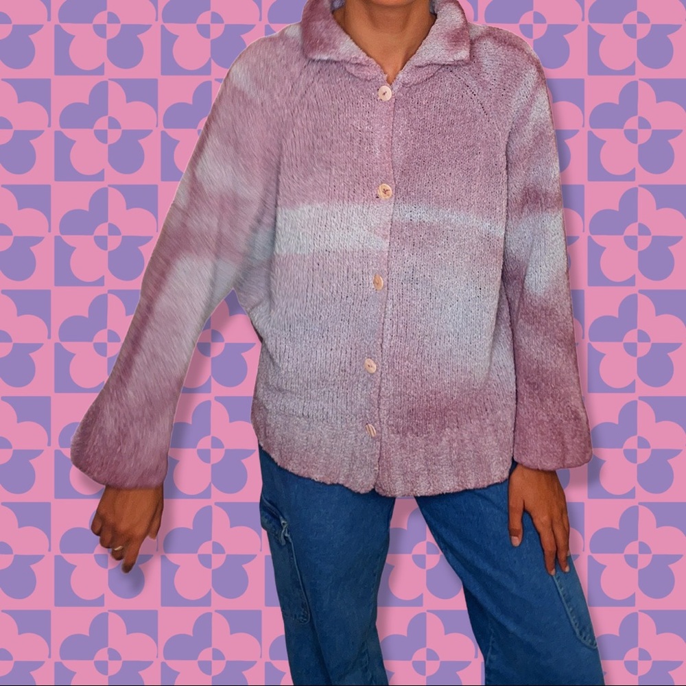 Purple dyed light blue button-up sweater with unique pattern.